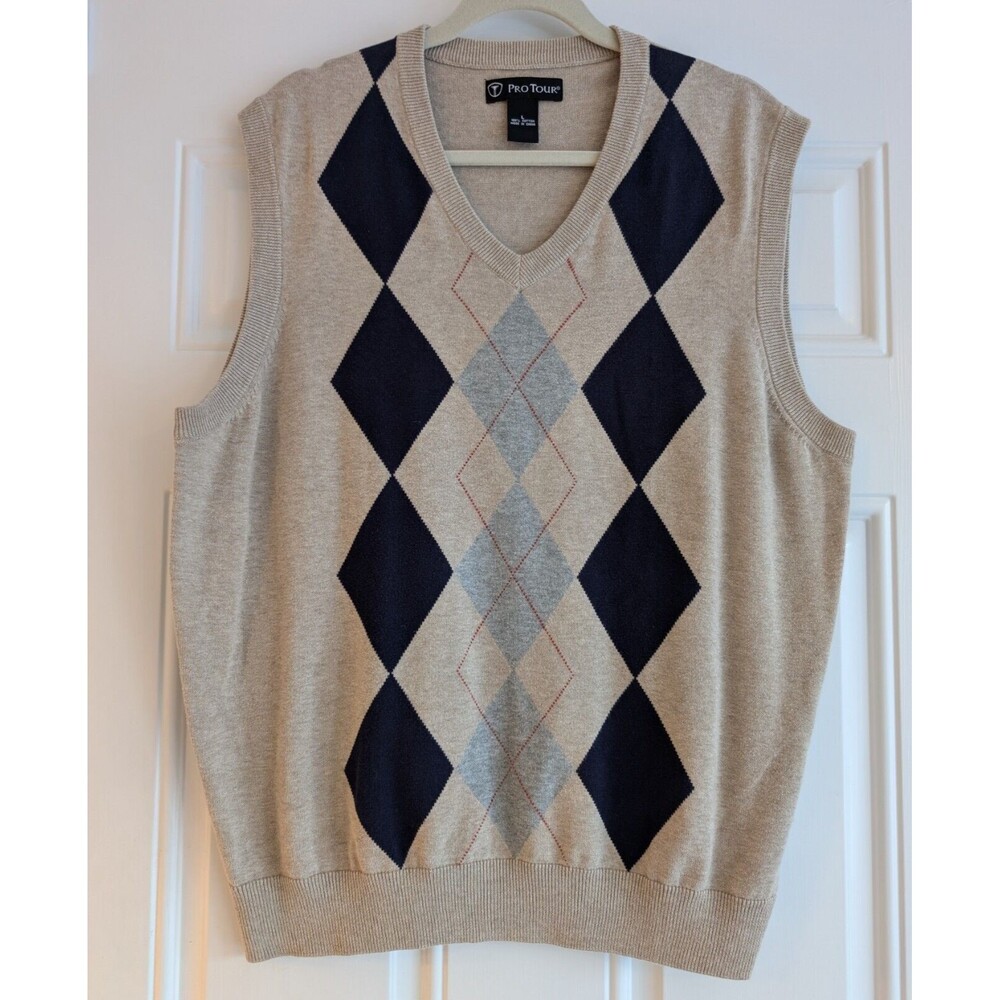 Pro Tour V-Neck Sweater Vest Mens size Large Oatmeal With Navy & Gray